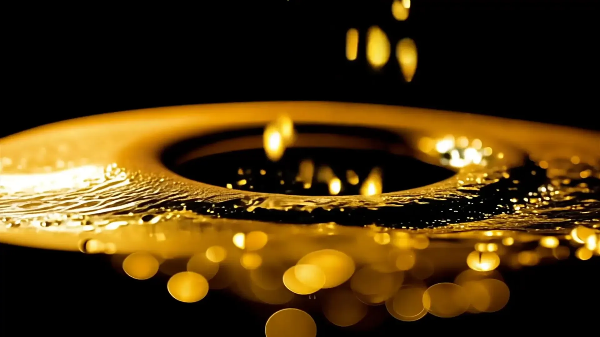 Golden Liquid Ring Splash Circle with Particle Overlay